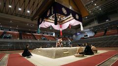 Imagen de un cuadril&aacute;tero de sumo durante un combate en Jap&oacute;n.