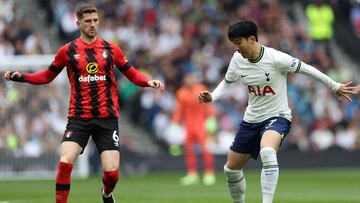 Tottenham Hotspur's South Korean striker Son Heung-Min (R) controls the ball past Bournemouth's Welsh defender Chris Mepham during the English Premier League football match between Tottenham Hotspur and Bournemouth at Tottenham Hotspur Stadium in London, on April 15, 2023. (Photo by Adrian DENNIS / AFP) / RESTRICTED TO EDITORIAL USE. No use with unauthorized audio, video, data, fixture lists, club/league logos or 'live' services. Online in-match use limited to 120 images. An additional 40 images may be used in extra time. No video emulation. Social media in-match use limited to 120 images. An additional 40 images may be used in extra time. No use in betting publications, games or single club/league/player publications. / 