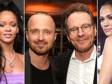 Collage de Rihanna, Bryan Cranston, Aaron Paul y Jennifer Lopez.