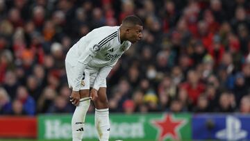 Soccer Football - Champions League - Liverpool v Real Madrid - Anfield, Liverpool, Britain - November 27, 2024 Real Madrid's Kylian Mbappe before he takes a penalty kick Action Images via Reuters/Lee Smith