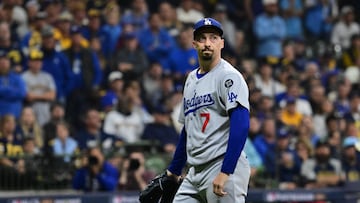 Oct 13, 2025; Milwaukee, Wisconsin, USA; Los Angeles Dodgers starting pitcher Blake Snell (7) walks back to the dugout after the sixth inning against the Milwaukee Brewers during game one of the NLCS round for the 2025 MLB playoffs at American Family Field. Mandatory Credit: Benny Sieu-Imagn Images