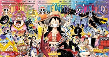 Ilustración en la que se combinan las portadas de los volúmenes 99, 100 y 101 de One Piece.