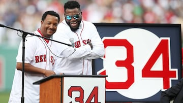 David Ortiz estuvo muy bien acompa&ntilde;ado por Pedro Mart&iacute;nez durante la retirada del n&uacute;mero 34 de la leyenda de los Boston Red Sox.