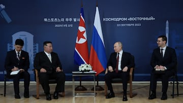 Russia's President Vladimir Putin meets with North Korea's leader Kim Jong Un at the Vostochny Сosmodrome in the far eastern Amur region, Russia, September 13, 2023. Sputnik/Vladimir Smirnov/Pool via REUTERS ATTENTION EDITORS - THIS IMAGE WAS PROVIDED BY A THIRD PARTY.