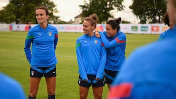 ACCRINGTON, ENGLAND - JULY 04: Barbara Bonansea, Lisa Boattin and Licia Di Guglielmo take part in an Italy Women training session at Accrington Stanley Community Trust Sport Hub on July 04, 2022 in Accrington, England. (Photo by Tullio M. Puglia/Getty Images)