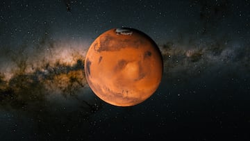 Mars, illustration. Mars is the fourth planet from the Sun. It is a rocky desert world. It orbits the Sun at an average distance of around 227 million kilometres. Its diameter is around half Earth's. The red colour is due to the iron oxides in the rocks