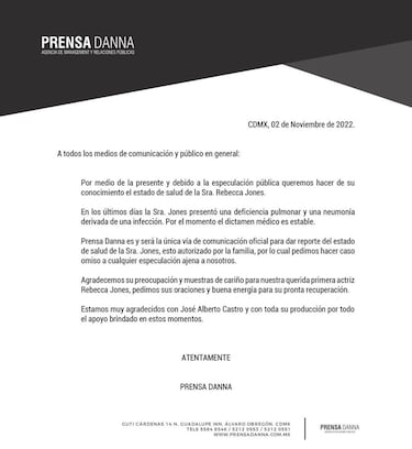 Estado de salud de Rebecca Jones: comparten último reporte médico de la actriz