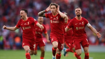 Kostas Tsimikas of Liverpool celebrates following their team's victory in the penalty shoot out during The FA Cup Final match between Chelsea and Liverpool at Wembley Stadium.