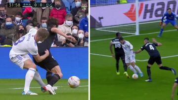 Los dos penaltis pitados por De Burgos Bengoetxea en el Real Madrid-Elche de la jornada 22 de LaLiga Santander.