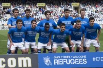 El once inicial de la Real Sociedad. De pie: Mikel González, Xabi Prieto, Elustondo, Rulli y Zurutuza. Agachados: Oyarzabal, Zaldua, Bruma, Markel, Illarramendi y Yuri. 
