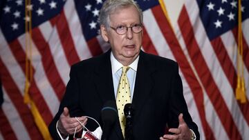 US Senate Majority Leader Mitch McConnell, speaks to the press after a Republican policy lunch on Capitol Hill in Washington, DC on July 21, 2020. (Photo by Olivier DOULIERY / AFP)