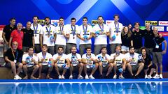 Bronze medallists team Spain pose during the medals ceremony for the men's water polo at the World Aquatics Championships in Fukuoka on July 29, 2023. (Photo by Yuichi YAMAZAKI / AFP)