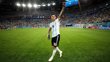 SAINT PETERSBURG, RUSSIA - JUNE 26:  Marcos Rojo of Argentina celebrates victory following the 2018 FIFA World Cup Russia group D match between Nigeria and Argentina at Saint Petersburg Stadium on June 26, 2018 in Saint Petersburg, Russia.  (Photo by Jamie Squire - FIFA/FIFA via Getty Images)