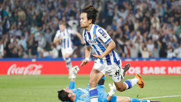 SAN SEBASTIÁN, 02/05/2023.- El centrocampista japonés de la Real Sociedad, Takefusa Kubo, tras batir al guardameta belga del Real Madrid, Thibaut Courtois, durante el encuentro correspondiente a la jornada 33 que disputan hoy martes en el Reale Arena, en San Sebastián. EFE / Juan Herrero.