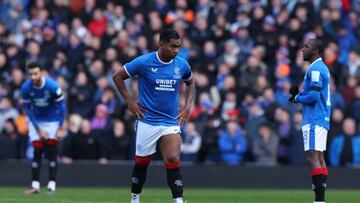 GLASGOW, SCOTLAND - JANUARY 02: Alfredo Morelos of Rangers is seen after his poor pass leads to Celtic's opening goal during the Cinch Scottish Premiership match between Rangers FC and Celtic FC at  on January 02, 2023 in Glasgow, Scotland. (Photo by Ian MacNicol/Getty Images)