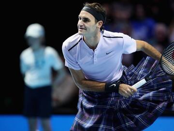 GLASGOW, SCOTLAND - NOVEMBER 07:  Roger Federer plays a shot whilst wearing a Kilt during his match against Andy Murray during Andy Murray Live at The Hydro on November 7, 2017 in Glasgow, Scotland.  (Photo by Steve Welsh/Getty Images for Andy Murray Live)