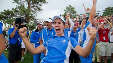 19/08/2013. Ladies European Tour. The Solheim Cup, Colorado Golf Club, Parker, Colorado, USA. 16-18 Aug 2013. Europe's Carlota Ciganda and the team celebrate winning the Solheim Cup for the first time on American Soil during the Sunday singles matches. Credit: Tristan Jones