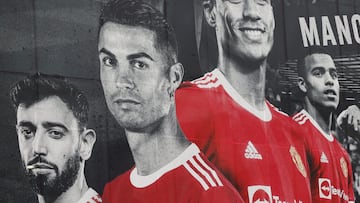 Soccer Football - A picture of Cristiano Ronaldo with teammates is displayed on the outside of Old Trafford - Old Trafford, Manchester, Britain - September 9, 2021 A picture of Cristiano Ronaldo with teammates is seen on the outside of Old Trafford REUTER