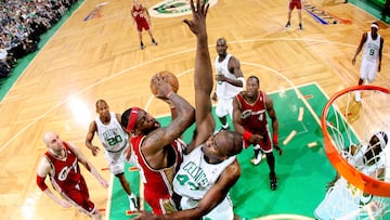 Kendrick Perkins #43 of the Boston Celtics tries to block a shot by LeBron James #23 of the Cleveland Cavaliers during Game One of the Eastern Conference Semifinals during the 2008 NBA Playoffs on May 6, 2008 at the TD Banknorth Garden in Boston, Massachusetts. The Celtics defeated the Cavaliers 76-72.