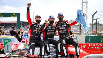 TOYOTA GAZOO Racing.
World Endurance Championship.
Le Mans 24 Hours Race
Le Mans Circuit, France
16th to 22nd August 2021
Kamui Kobayashi (JPN) Mike Conway (GBR) Jose Maria Lopez (ARG) celebrate their win.