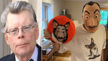 Imágenes del afamado escritor estadounidense Stephen King posando muy elegante y otra en la que luce la máscara de Dalí de los atracadores de 'La casa de papel' y un 'frisbee' de su perro también enmascarado.
