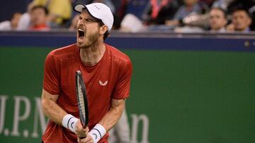 Andy Murray of Britain reacts during his match against Juan Ignacio Londero of Argentina during their first round men's singles match at the Shanghai Masters tennis tournament in Shanghai on October 7, 2019. (Photo by NOEL CELIS / AFP)