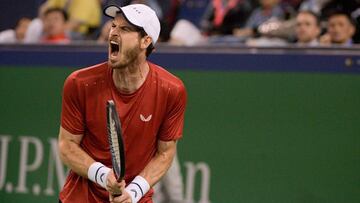 Andy Murray of Britain reacts during his match against Juan Ignacio Londero of Argentina during their first round men&#039;s singles match at the Shanghai Masters tennis tournament in Shanghai on October 7, 2019. (Photo by NOEL CELIS / AFP)