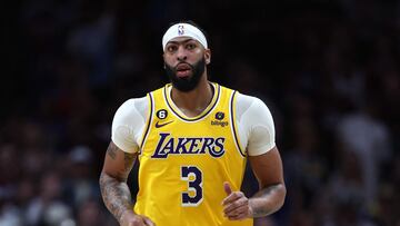 DENVER, COLORADO - MAY 16: Anthony Davis #3 of the Los Angeles Lakers jogs up the court during the second quarter against the Denver Nuggets in game one of the Western Conference Finals at Ball Arena on May 16, 2023 in Denver, Colorado. NOTE TO USER: User expressly acknowledges and agrees that, by downloading and or using this photograph, User is consenting to the terms and conditions of the Getty Images License Agreement. Matthew Stockman/Getty Images/AFP (Photo by MATTHEW STOCKMAN / GETTY IMAGES NORTH AMERICA / Getty Images via AFP)