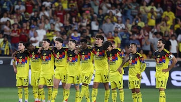 Jul 30, 2025; Sandy, Utah, USA; Club America watches as the game goes to penalty kicks to determine the winner of the match against Real Salt Lake at America First Field. Mandatory Credit: Rob Gray-Imagn Images