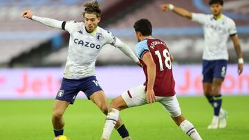 Aston Villa&#039;s English midfielder Jack Grealish (L) vies with West Ham United&#039;s Spanish midfielder Pablo Fornals (C) during the English Premier League football match between West Ham United and Aston Villa at The London Stadium, in east London on