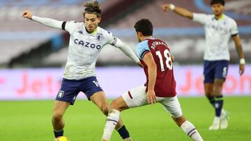 Aston Villa&#039;s English midfielder Jack Grealish (L) vies with West Ham United&#039;s Spanish midfielder Pablo Fornals (C) during the English Premier League football match between West Ham United and Aston Villa at The London Stadium, in east London on