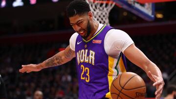 DETROIT, MI - FEBRUARY 12: Anthony Davis #23 of the New Orleans Pelicans reacts after a foul call while playing the Detroit Pistons at Little Caesars Arena on February 12, 2018 in Detroit, Michigan. New Orleans won the game 118-103. NOTE TO USER: User exp