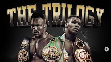 Cartel con el que Evander Holyfield le pidió una trilogía de sus combates a Mike Tyson.