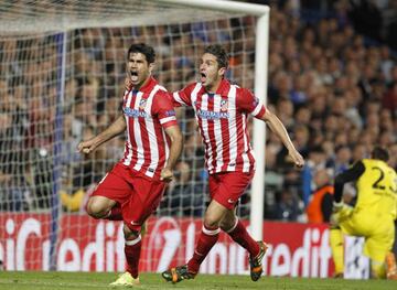 Costa (left) scored 64 goals in 134 games for Atlético before moving to Chelsea in summer 2014.