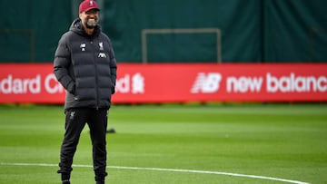 Liverpool&#039;s German manager Jurgen Klopp reacts during a team training session at Melwood in Liverpool, north west England on October 22, 2019, on the eve of their UEFA Champions League Group E football match against Genk. 