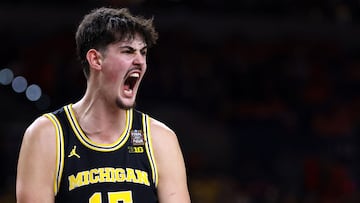 INDIANAPOLIS, INDIANA - APRIL 04: Aday Mara #15 of the Michigan Wolverines celebrates against the Arizona Wildcats during the second half in the Final Four of the 2026 NCAA Men's Basketball Tournament at Lucas Oil Stadium on April 04, 2026 in Indianapolis, Indiana. Patrick Smith/Getty Images/AFP (Photo by Patrick Smith / GETTY IMAGES NORTH AMERICA / Getty Images via AFP)