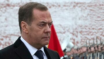 FILE PHOTO: Russia's Deputy head of the Security Council Dmitry Medvedev takes part in a wreath laying ceremony marking Defender of the Fatherland Day at the Tomb of the Unknown Soldier by the Kremlin Wall in Moscow, Russia, February 23, 2024. Sputnik/Yekaterina Shtukina/Pool via REUTERS ATTENTION EDITORS - THIS IMAGE WAS PROVIDED BY A THIRD PARTY./File Photo