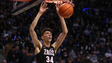 Chet Holmgren of the Gonzaga Bulldogs slam dunks the ball against the BYU Cougars during the first half of their game February 5, 2022 at the Marriott Center in Provo, Utah.