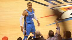 Nov 22, 2017; Oklahoma City, OK, USA; Oklahoma City Thunder guard Russell Westbrook (0) reacts towards fans against the Golden State Warriors during the third quarter at Chesapeake Energy Arena. Mandatory Credit: Mark D. Smith-USA TODAY Sports