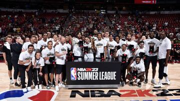 LAS VEGAS, NV - JULY 17: The Portland Trail Blazers pose for a photo with the 2022 Summer League trophy and rings after defeating the New York Knicks during the 2022 Las Vegas Summer League on July 17, 2022 at the Thomas & Mack Center in Las Vegas, Nevada NOTE TO USER: User expressly acknowledges and agrees that, by downloading and/or using this Photograph, user is consenting to the terms and conditions of the Getty Images License Agreement. Mandatory Copyright Notice: Copyright 2022 NBAE (Photo by David Dow/NBAE via Getty Images)