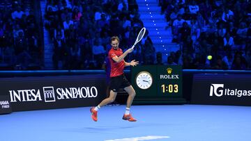 Turin (Italy), 10/11/2024.- Daniil Medvedev of Russia plays his first match against Taylor Fritz of USA during the ATP Finals 2024 in Turin, Italy, 10 November 2024. (Tenis, Italia, Rusia) EFE/EPA/Alessandro Di Marco