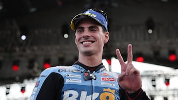MotoGP - Indonesian Grand Prix - Mandalika International Street Circuit, Mandalika, Indonesia - October 4, 2025 BK8 Gresini Racing MotoGP's Fermin Aldeguer celebrates after finishing second in the sprint race REUTERS/Willy Kurniawan
