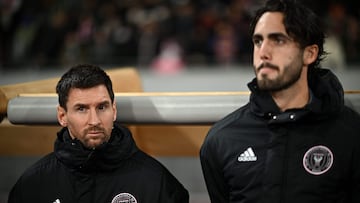 Inter Miami's Argentine forward Lionel Messi (L) is pictured before the start of the friendly football match between Inter Miami of the US's Major League Soccer league and Vissel Kobe of Japan's J-League at the National Stadium in Tokyo on February 7, 2024. (Photo by Philip FONG / AFP)