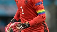 Germany's Manuel Neuer wears a rainbow-colored captain's armband