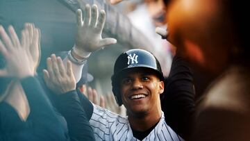 NEW YORK, NEW YORK - MAY 08: Juan Soto #22 of the New York Yankees celebrates in the dugout after hitting a two-run home run during the first inning against the Houston Astros at Yankee Stadium on May 08, 2024 in the Bronx borough of New York City.   Sarah Stier/Getty Images/AFP (Photo by Sarah Stier / GETTY IMAGES NORTH AMERICA / Getty Images via AFP)