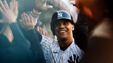 NEW YORK, NEW YORK - MAY 08: Juan Soto #22 of the New York Yankees celebrates in the dugout after hitting a two-run home run during the first inning against the Houston Astros at Yankee Stadium on May 08, 2024 in the Bronx borough of New York City.   Sarah Stier/Getty Images/AFP (Photo by Sarah Stier / GETTY IMAGES NORTH AMERICA / Getty Images via AFP)