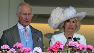 Britain's King Charles III (L) and Britain's Queen Camilla react as their horse Gilded Water loses The King George V Stakes on the third day of the Royal Ascot horse racing meeting, in Ascot, west of London, on June 20, 2024. (Photo by JUSTIN TALLIS / AFP)