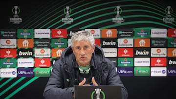 Villarreal's Spanish head coach Quique Setien delivers a press conference in Brussels on March 8 2023, ahead of the UEFA Europa Conference League round of 16 first leg football match against RSC Anderlecht. (Photo by VIRGINIE LEFOUR / Belga / AFP) / Belgium OUT