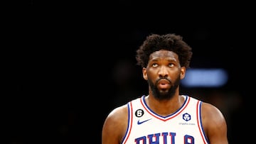 BOSTON, MASSACHUSETTS - MAY 14: Joel Embiid #21 of the Philadelphia 76ers looks on against the Boston Celtics during the third quarter in game seven of the 2023 NBA Playoffs Eastern Conference Semifinals at TD Garden on May 14, 2023 in Boston, Massachusetts. NOTE TO USER: User expressly acknowledges and agrees that, by downloading and or using this photograph, User is consenting to the terms and conditions of the Getty Images License Agreement.   Adam Glanzman/Getty Images/AFP (Photo by Adam Glanzman / GETTY IMAGES NORTH AMERICA / Getty Images via AFP)