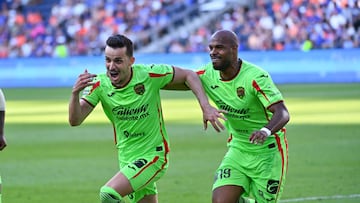 Guilherme Castilho celebrates his goal 0-2 with Oscar Estupinan Silva of Juarez during the match between FC Cincinnati and FC Juarez as part of Phase One of the Leagues Cup 2025 at TQL Stadium on August 03, 2024 in Cincinnati, Ohio, United States.